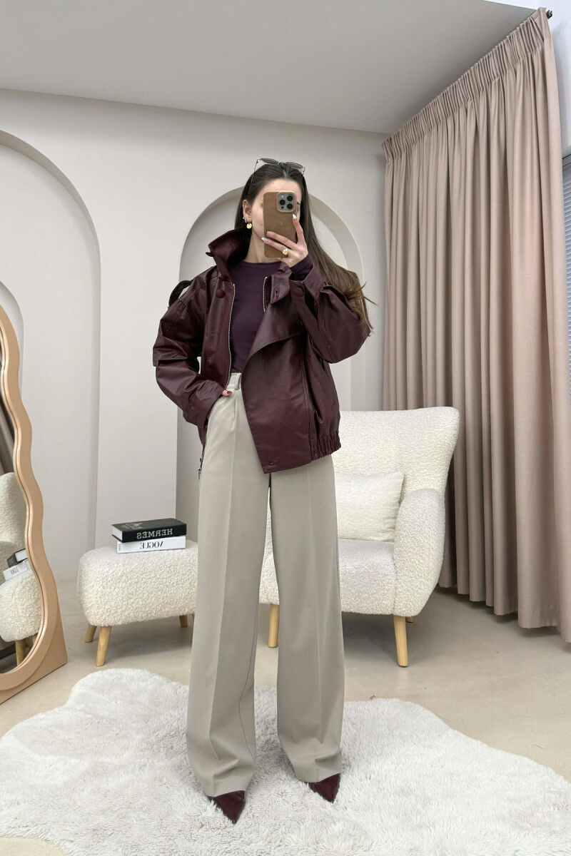 ONE COLOR HIGH NECK BUTTONED DETAIL LEATHER WOMEN JACKET BURGUNDY/VISHNJE - 6