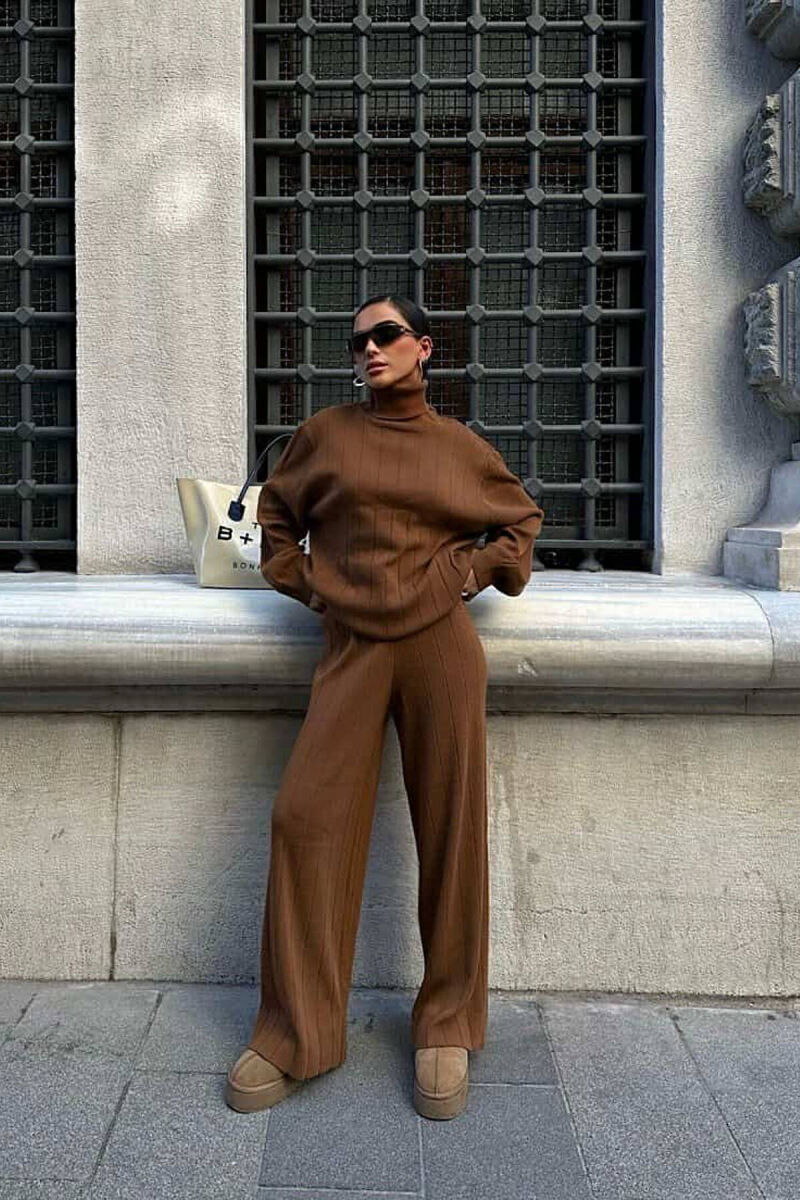 ONE COLOR HIGH NECK SWEATER+TROUSERS WOMEN SET BROWN/KAFE - 1