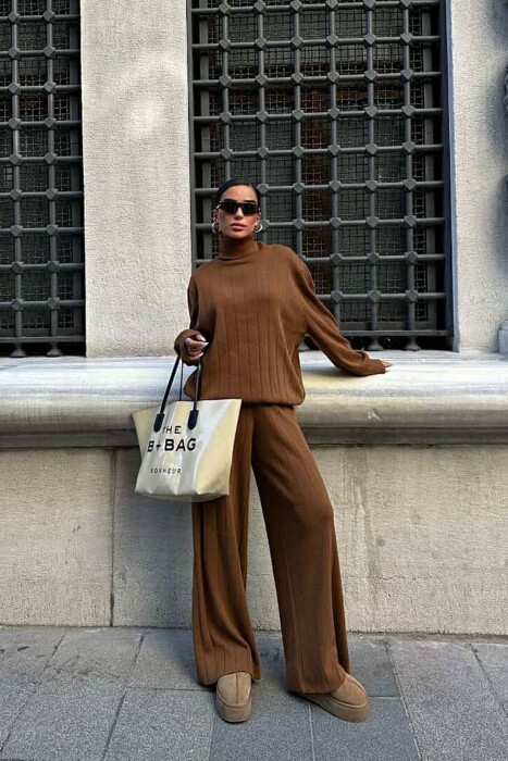 ONE COLOR HIGH NECK SWEATER+TROUSERS WOMEN SET BROWN/KAFE - 2