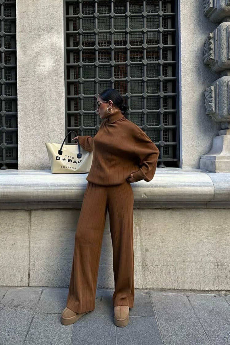 ONE COLOR HIGH NECK SWEATER+TROUSERS WOMEN SET BROWN/KAFE - 3