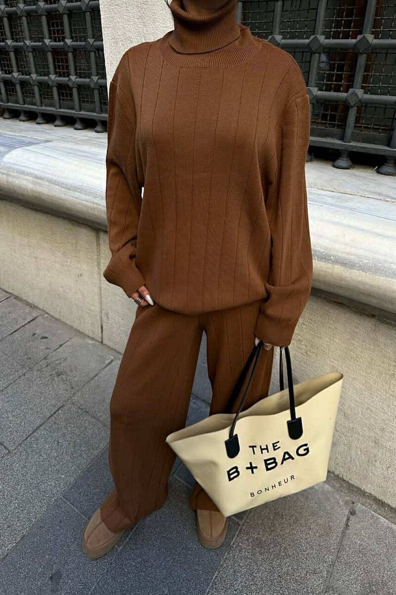ONE COLOR HIGH NECK SWEATER+TROUSERS WOMEN SET BROWN/KAFE - 4