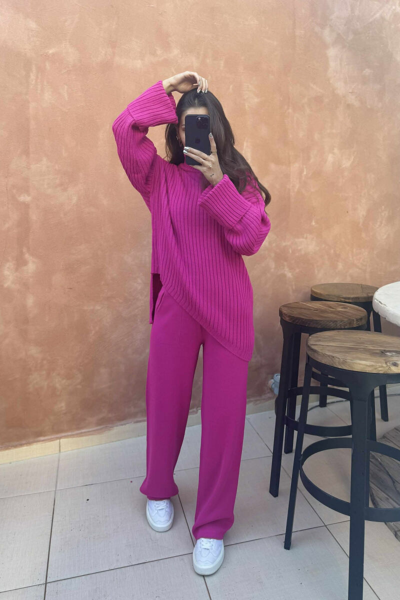 ONE COLOR HIGH NECK SWEATER+TROUSERS WOMEN SET FUCHSIA/CIKLAMI - 2