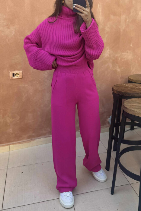 ONE COLOR HIGH NECK SWEATER+TROUSERS WOMEN SET FUCHSIA/CIKLAMI - 3
