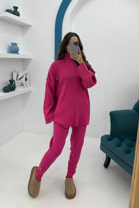 ONE COLOR HIGH NECK SWEATER+TROUSERS WOMEN SET FUCHSIA/CIKLAMI - 1