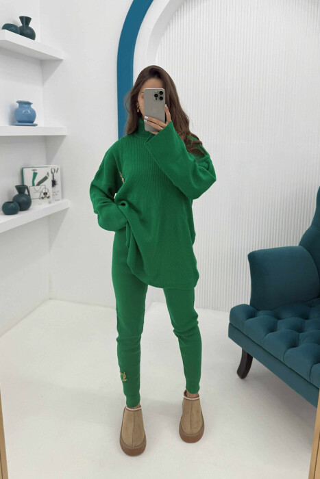 ONE COLOR HIGH NECK SWEATER+TROUSERS WOMEN SET GREEN/JESHILE 