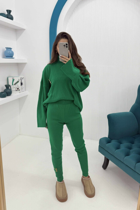 ONE COLOR HIGH NECK SWEATER+TROUSERS WOMEN SET GREEN/JESHILE - 2