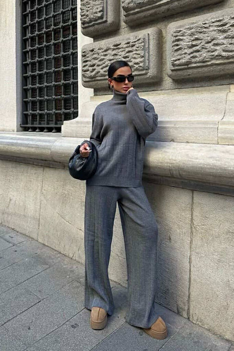 ONE COLOR HIGH NECK SWEATER+TROUSERS WOMEN SET GREY/GRI 