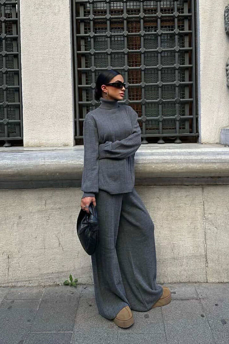 ONE COLOR HIGH NECK SWEATER+TROUSERS WOMEN SET GREY/GRI - 2