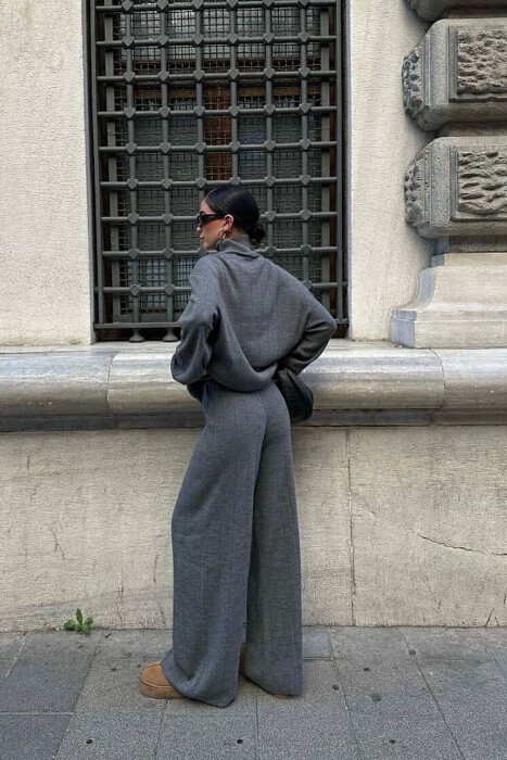 ONE COLOR HIGH NECK SWEATER+TROUSERS WOMEN SET GREY/GRI - 3