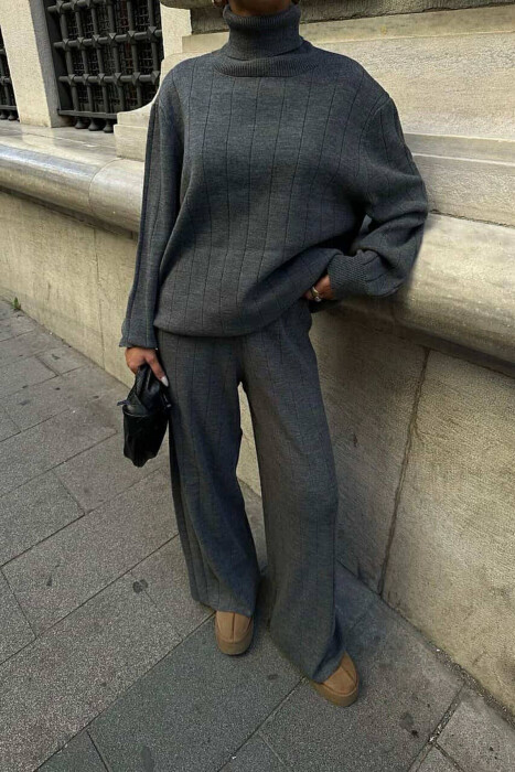 ONE COLOR HIGH NECK SWEATER+TROUSERS WOMEN SET GREY/GRI - 4