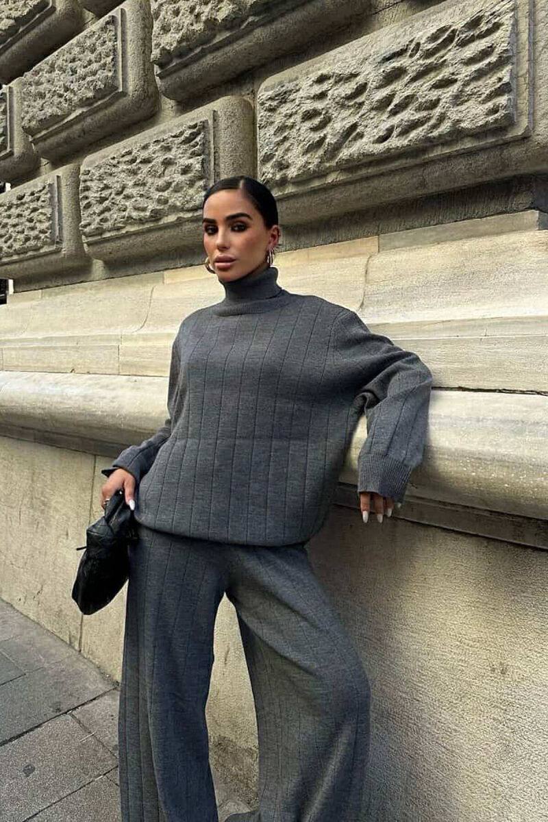 ONE COLOR HIGH NECK SWEATER+TROUSERS WOMEN SET GREY/GRI - 6