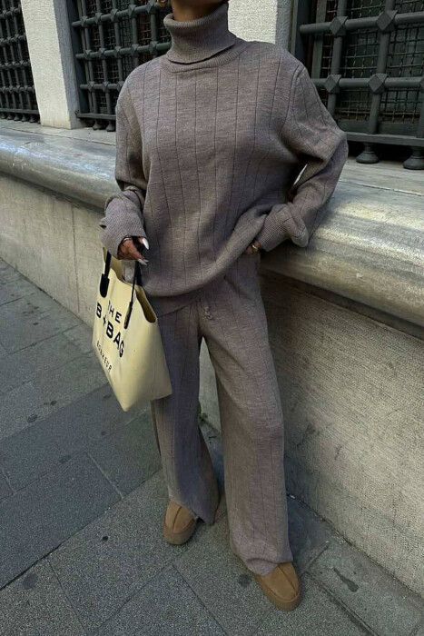 ONE COLOR HIGH NECK SWEATER+TROUSERS WOMEN SET LIGHT BROWN/KAZB - 2