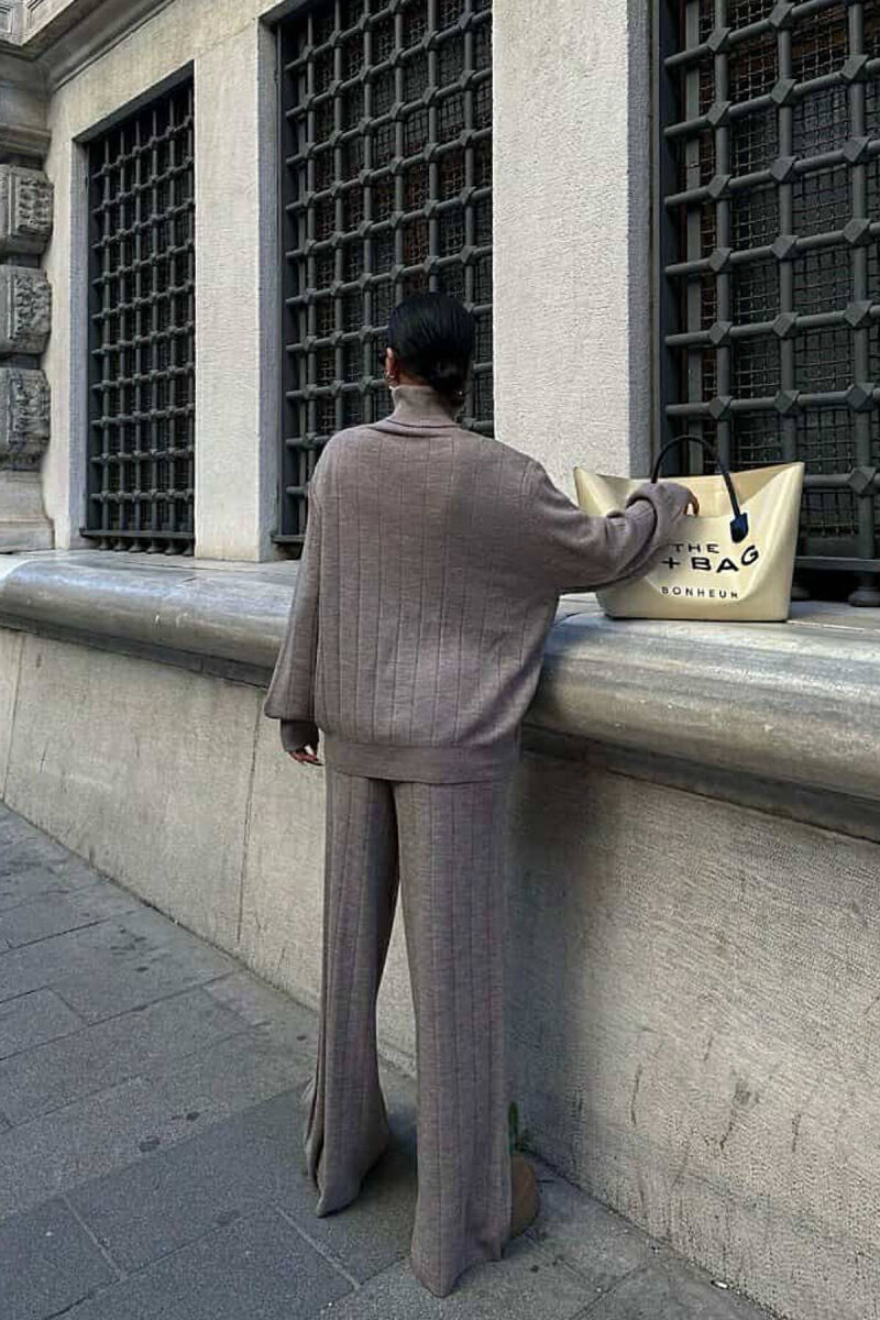 ONE COLOR HIGH NECK SWEATER+TROUSERS WOMEN SET LIGHT BROWN/KAZB - 3