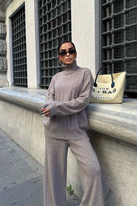 ONE COLOR HIGH NECK SWEATER+TROUSERS WOMEN SET LIGHT BROWN/KAZB - 4