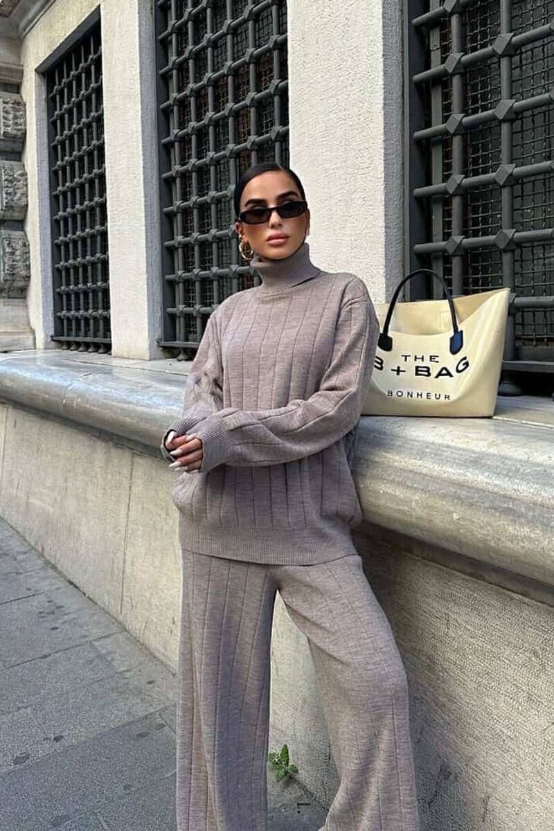 ONE COLOR HIGH NECK SWEATER+TROUSERS WOMEN SET LIGHT BROWN/KAZB - 4