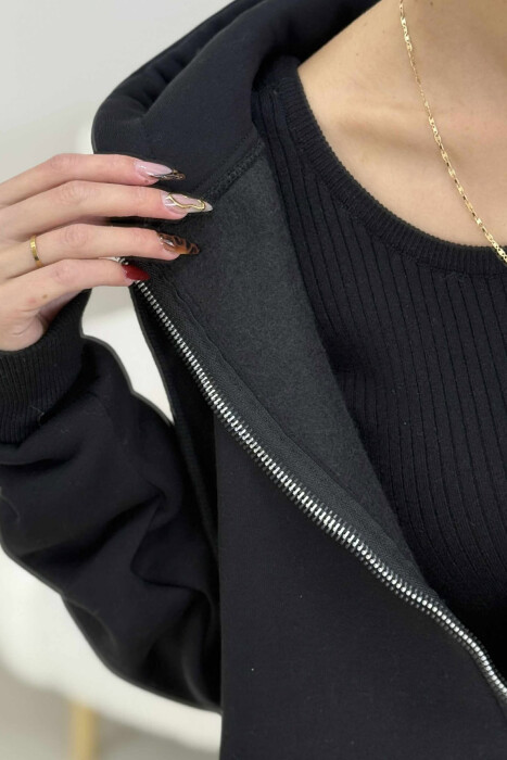 ONE COLOR HOOD FLUFFY WOMEN JACKET BLACK/ E ZEZE - 3