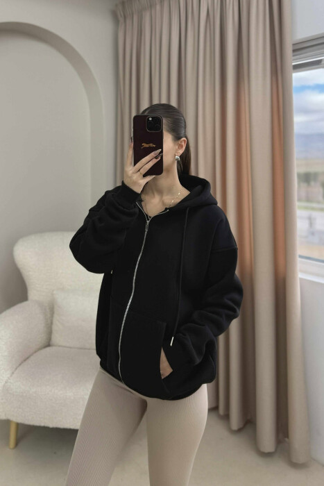ONE COLOR HOOD FLUFFY WOMEN JACKET BLACK/ E ZEZE - 4