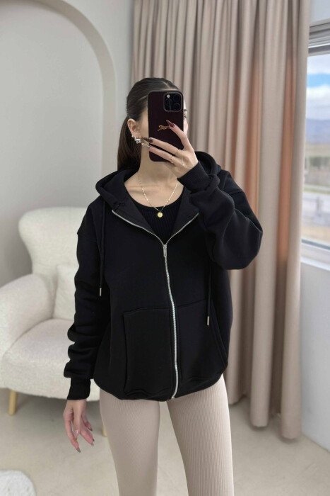 ONE COLOR HOOD FLUFFY WOMEN JACKET BLACK/ E ZEZE - KLAUDIO FASHION