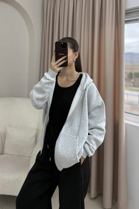 ONE COLOR HOOD FLUFFY WOMEN JACKET LIGHT GREY/GZ - KLAUDIO FASHION