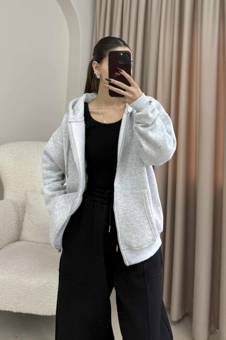 ONE COLOR HOOD FLUFFY WOMEN JACKET LIGHT GREY/GZ - 2
