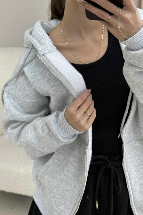 ONE COLOR HOOD FLUFFY WOMEN JACKET LIGHT GREY/GZ - 4