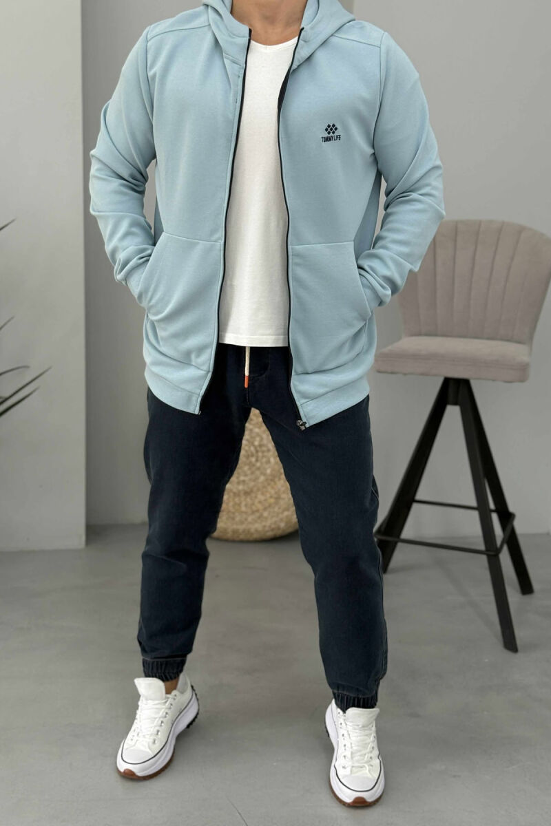 ONE COLOR HOOD ZIPPER MEN COTTON JACKET LIGHTBLUE/BZ - 2