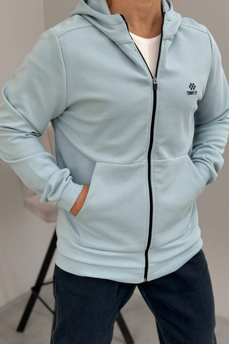 ONE COLOR HOOD ZIPPER MEN COTTON JACKET LIGHTBLUE/BZ - 1