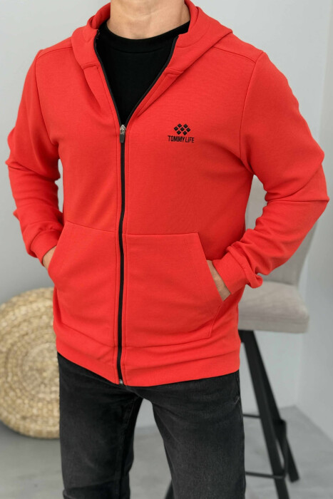 ONE COLOR HOOD ZIPPER MEN COTTON JACKET RED/E KUQE - KLAUDIO FASHION