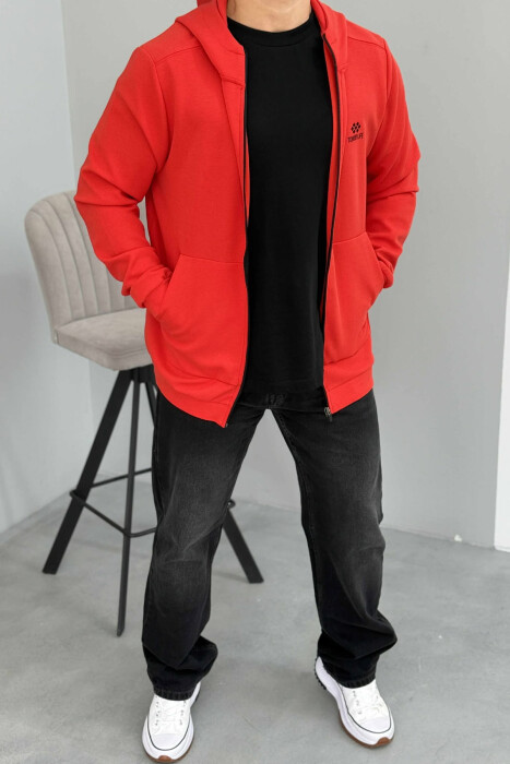 ONE COLOR HOOD ZIPPER MEN COTTON JACKET RED/E KUQE - 2