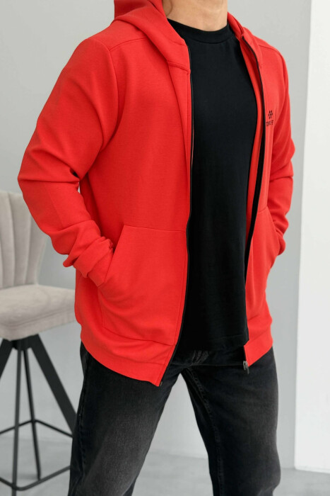 ONE COLOR HOOD ZIPPER MEN COTTON JACKET RED/E KUQE - 3