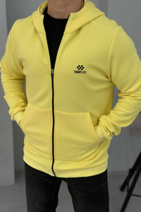 ONE COLOR HOOD ZIPPER MEN COTTON JACKET YELLOW/E VERDHE - 1
