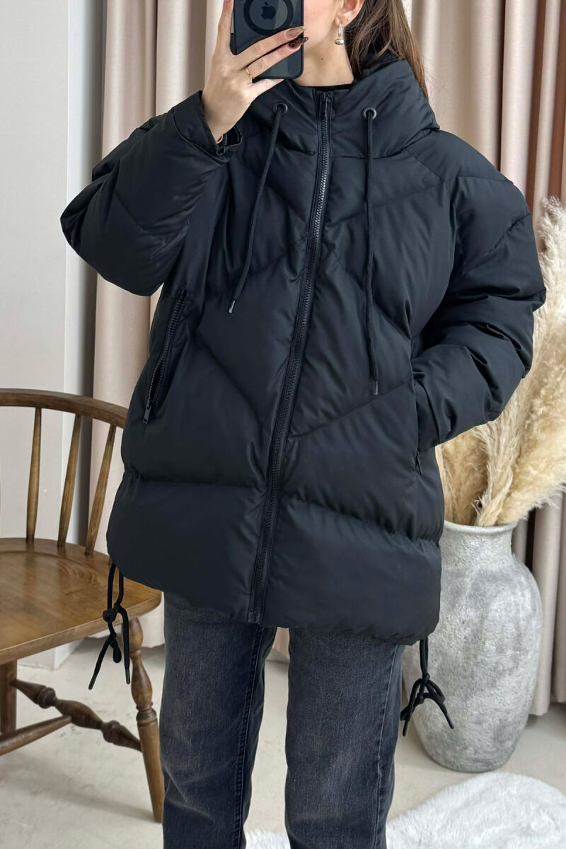 ONE COLOR HOODED LACE DETAIL PUFFER WOMAN JACKET BLACK/ E ZEZE - 1