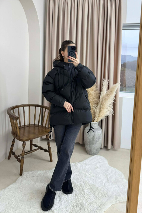 ONE COLOR HOODED LACE DETAIL PUFFER WOMAN JACKET BLACK/ E ZEZE - 5