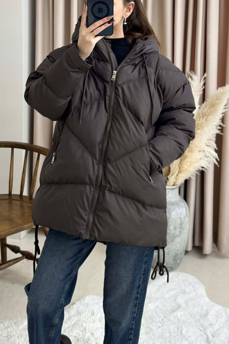 ONE COLOR HOODED LACE DETAIL PUFFER WOMAN JACKET DARK BROWN/KAE - 3