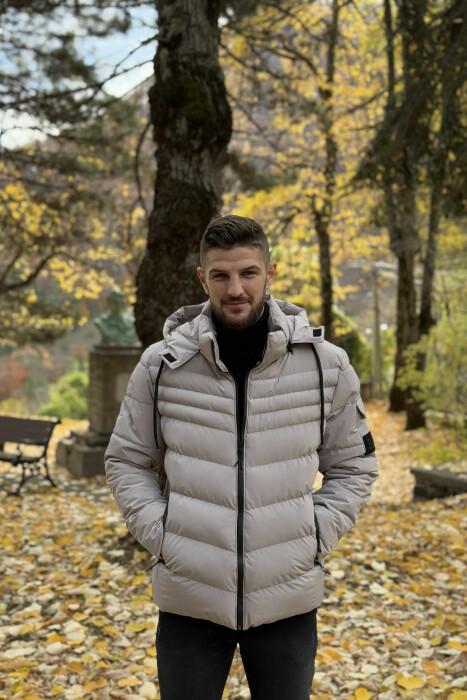 ONE COLOR HOODED MEN PUFFER JACKET LIGHT GREY/GZ - 2