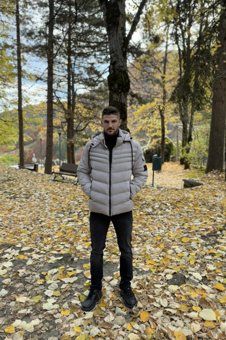 ONE COLOR HOODED MEN PUFFER JACKET LIGHT GREY/GZ - 3