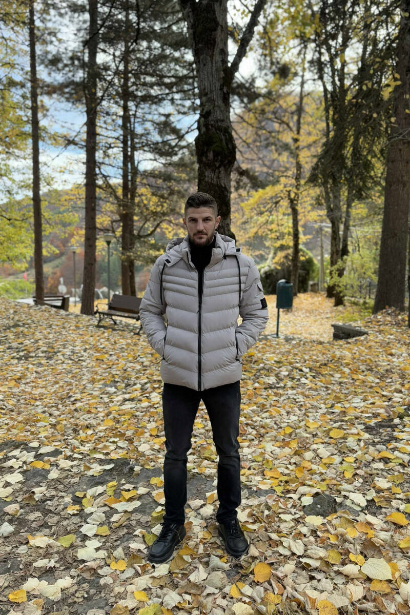 ONE COLOR HOODED MEN PUFFER JACKET LIGHT GREY/GZ - 3