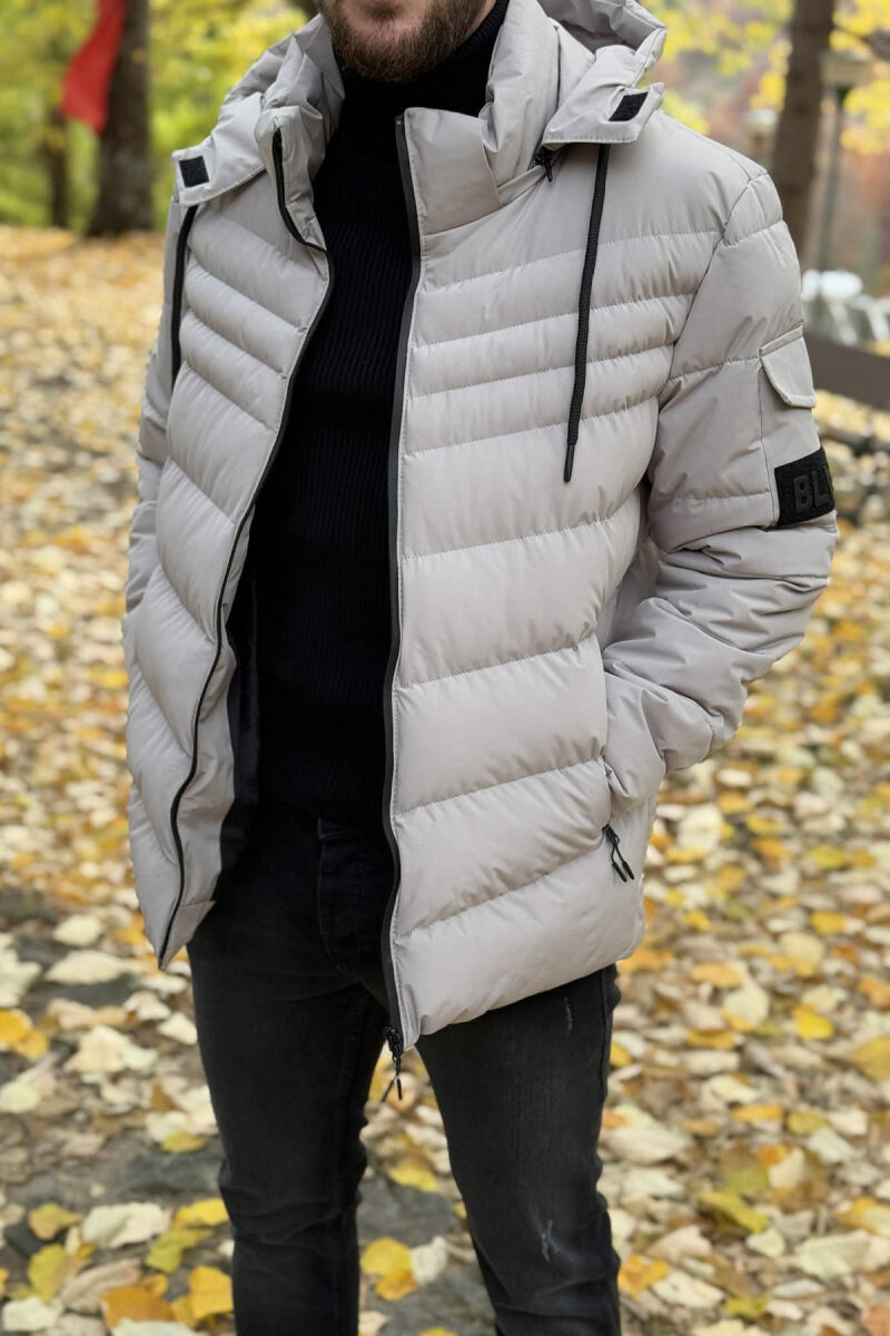 ONE COLOR HOODED MEN PUFFER JACKET LIGHT GREY/GZ - 1