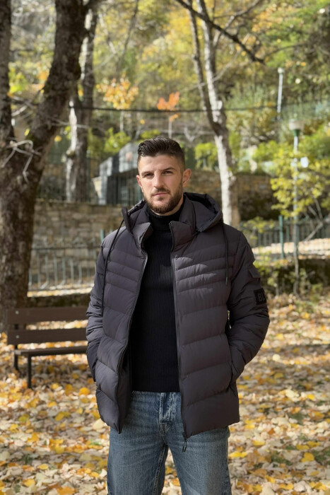 ONE COLOR HOODED MEN PUFFER JACKET DARK GREY/GEE - 3