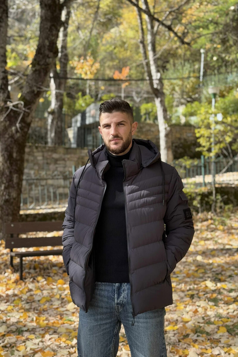 ONE COLOR HOODED MEN PUFFER JACKET DARK GREY/GEE - 3