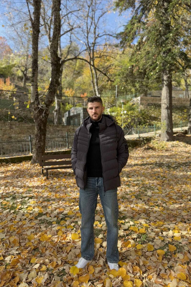 ONE COLOR HOODED MEN PUFFER JACKET DARK GREY/GEE - 5