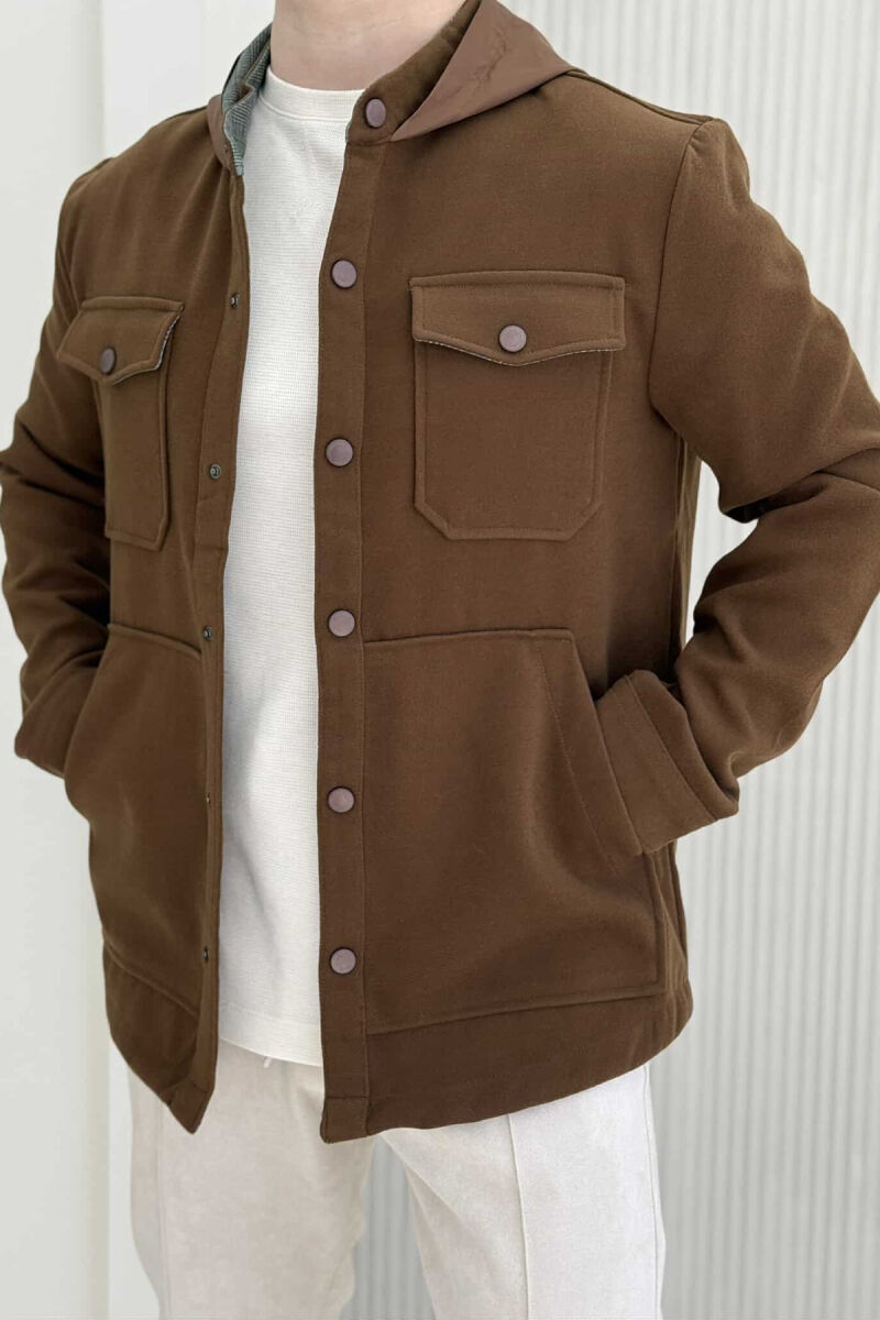 ONE COLOR HOODED POCKET DETAILS MEN JACKET BROWN/KAFE - 1