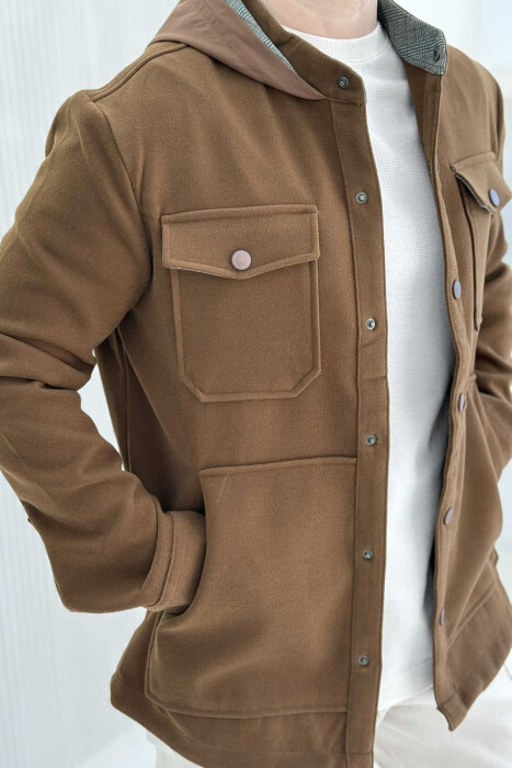 ONE COLOR HOODED POCKET DETAILS MEN JACKET BROWN/KAFE - 2