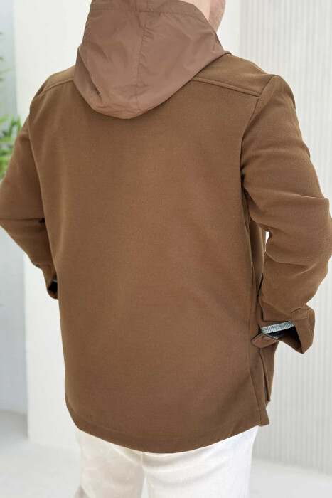 ONE COLOR HOODED POCKET DETAILS MEN JACKET BROWN/KAFE - 3