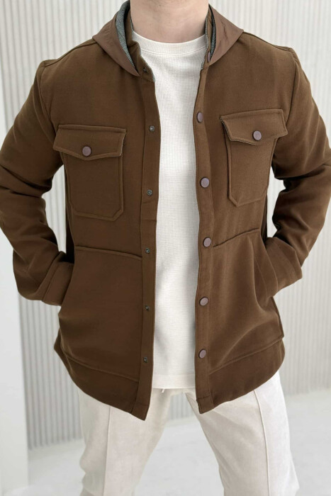ONE COLOR HOODED POCKET DETAILS MEN JACKET BROWN/KAFE - 4