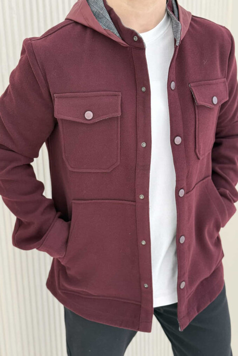 ONE COLOR HOODED POCKET DETAILS MEN JACKET BURGUNDY/VISHNJE - 4