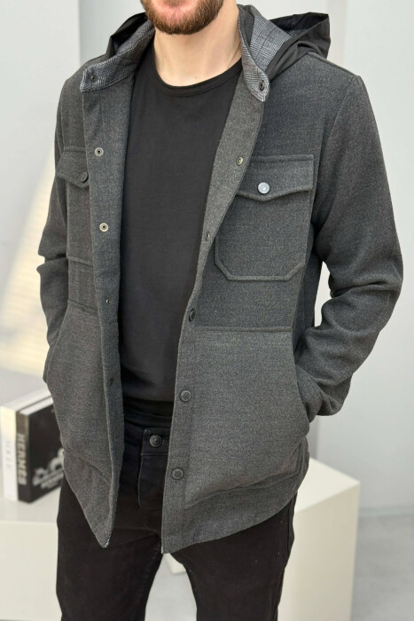 ONE COLOR HOODED POCKET DETAILS MEN JACKET DARK GREY/GEE 