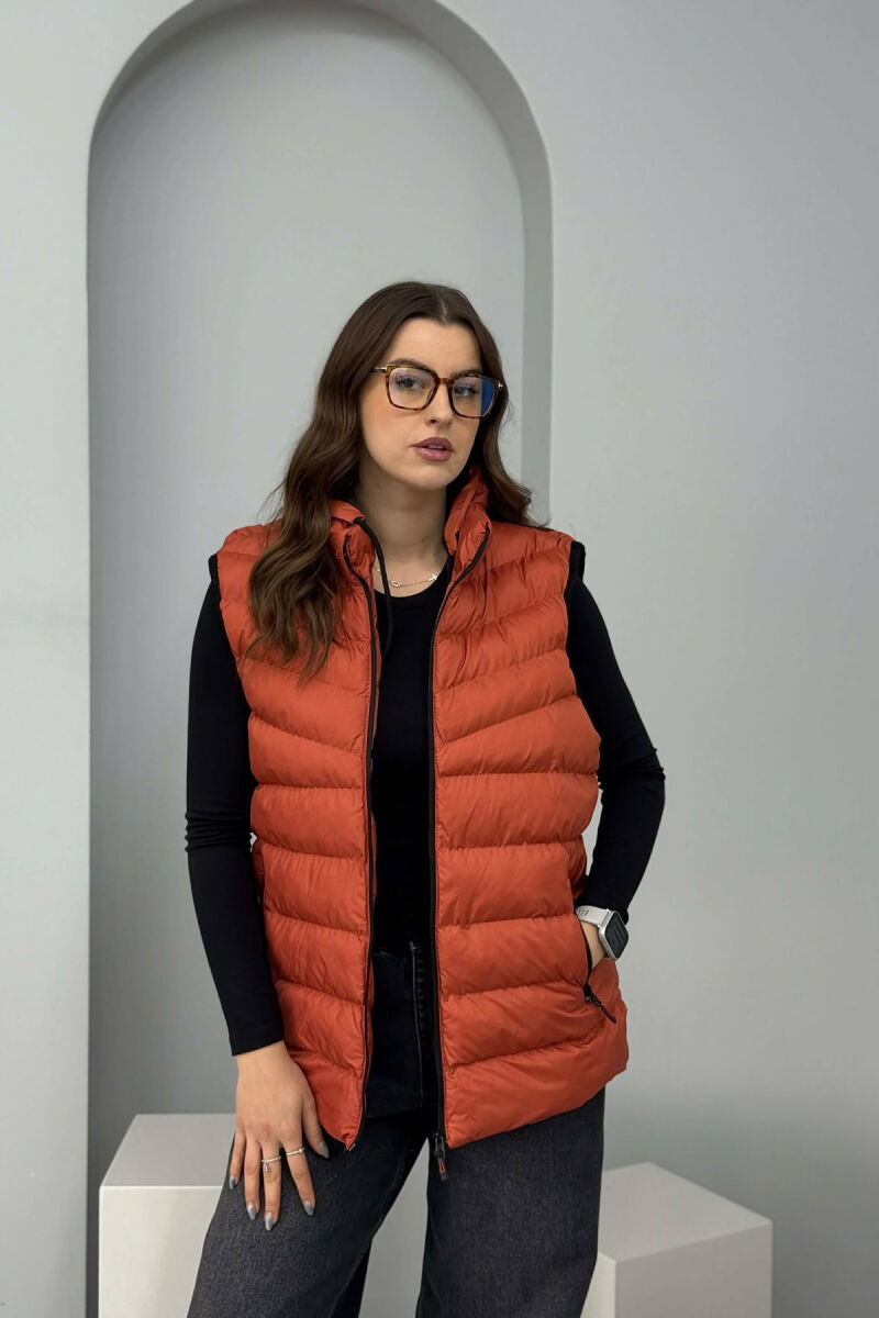 ONE COLOR HOODED SIMPLE WOMEN VEST BRICK/TULLE - 2