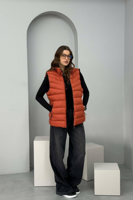 ONE COLOR HOODED SIMPLE WOMEN VEST BRICK/TULLE - 3