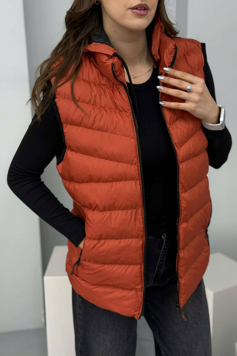 ONE COLOR HOODED SIMPLE WOMEN VEST BRICK/TULLE - 1